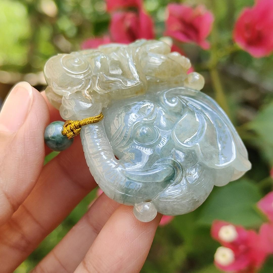 Light green and Yellow Natural Type A Jadeite Pendant, a rare collection carved with Monkey, Elephant and Ruyi, symbols of Wisdom, strength, authority, good luck and protection, certificate included weigh 47.85 grams, 55.7 * 36 * 13.8 mm (pendant74)