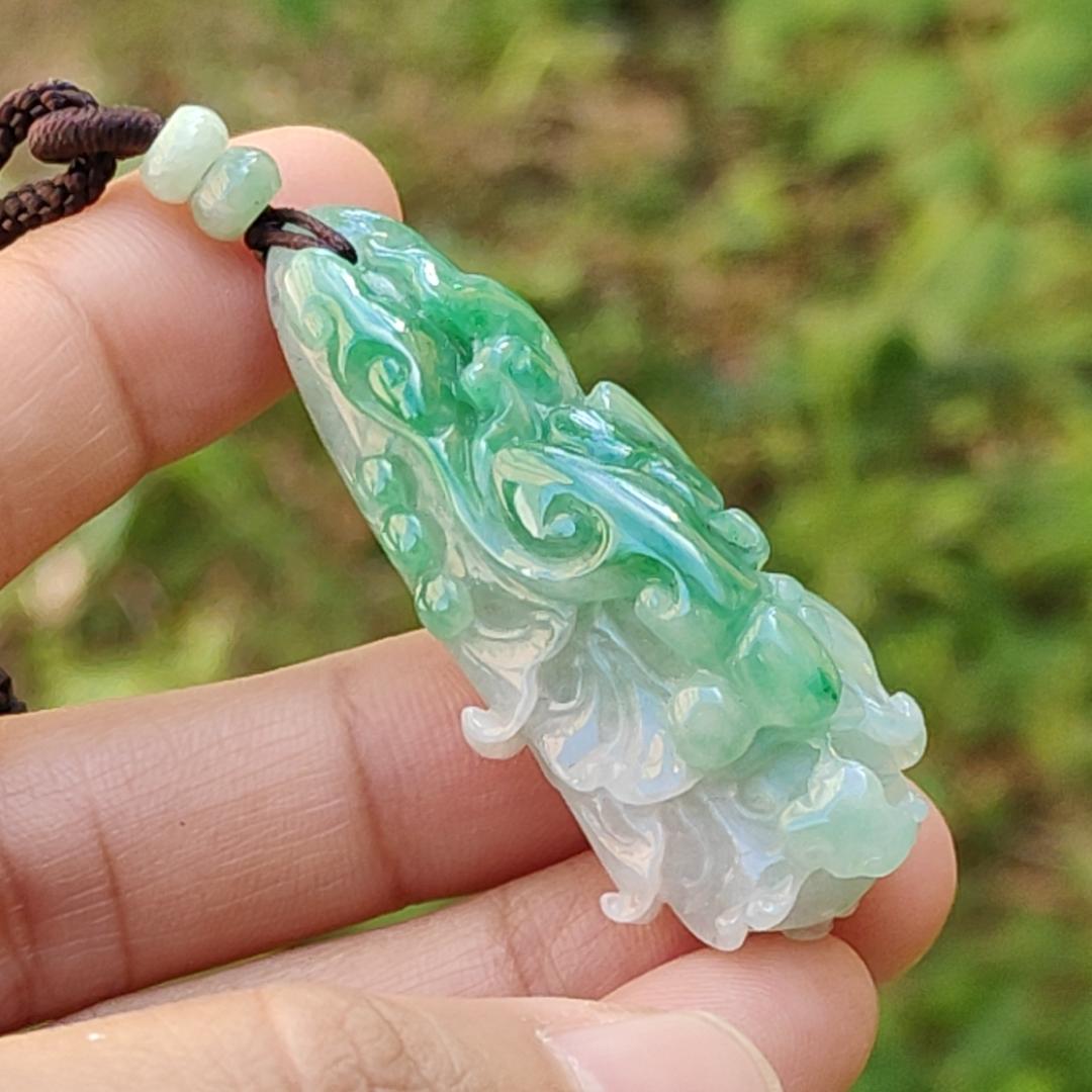 Lots Of Green on this Natural Type A Jadeite Pendant Necklace Crafted as Chinese Cabbage with Ruyi, Symbols of Wealth rolling in, good luck and prosperity, certificate included weigh 15.27 grams, 47.9 * 19.6 * 14.8 mm, (pendant30)