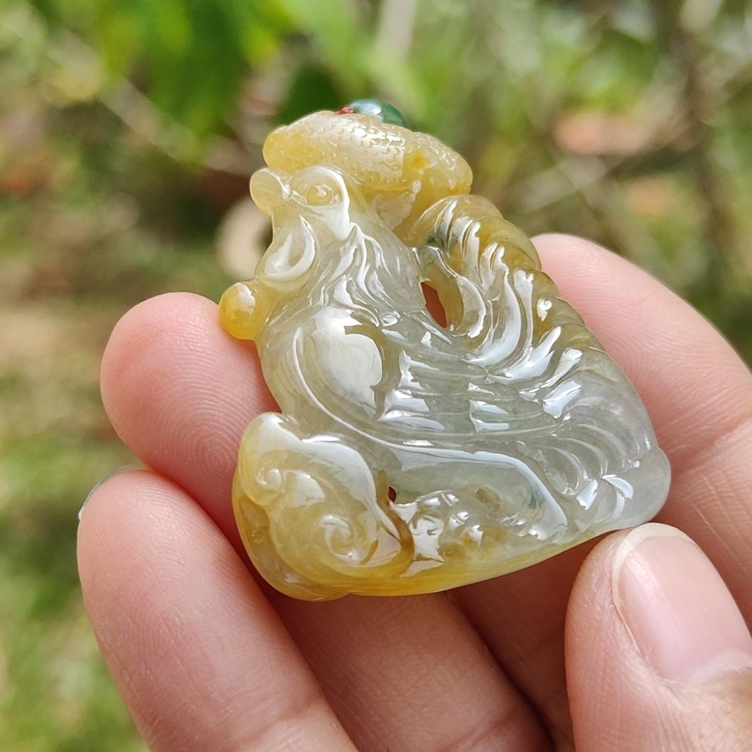 Premium Quality Yellow and Green Natural Type A Jadeite Jade crafted as Rooster with Ruyi as pendant necklace with certificate weigh 17.7 grams, measurement 41.6 * 34.8 * 7.5 mm (pendant208)