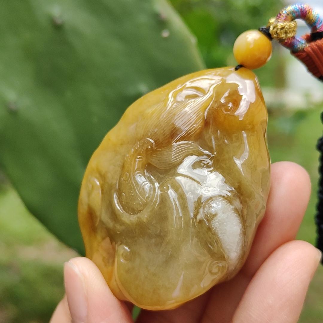 Rare Premium Quality Yellow with Redish and White Natural Type A Jadeite Jade crafted with Dragon as Pendant, for the collectors version, Certificate weigh 75.98 grams, measurement 56 * 42.20 * 23.30 mm (pendant215)