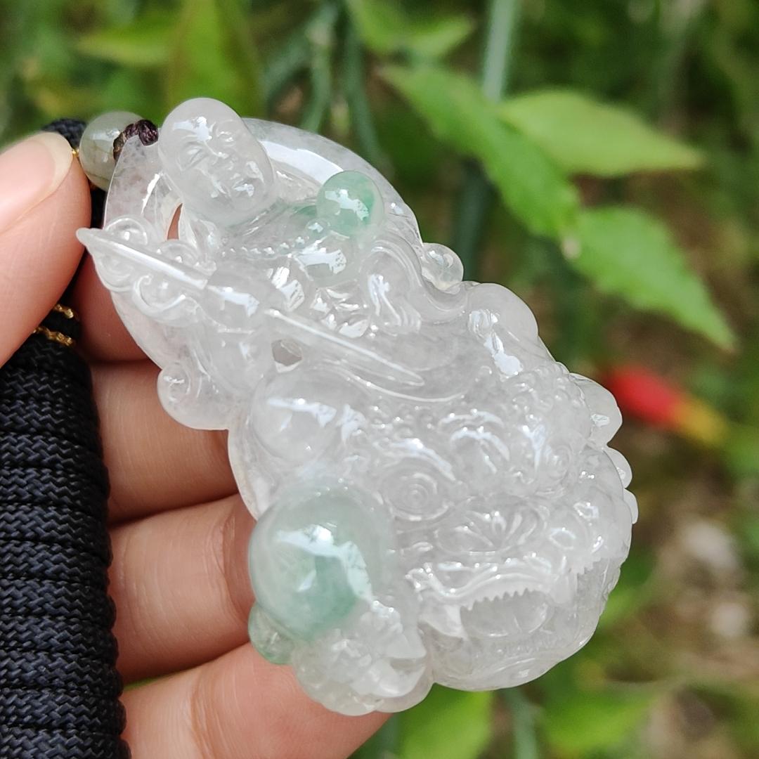 Icy Variety with Glossy Good crafted as Translucency Ksitigarbha Bodhisattva Pendant Necklace with green patches, a Natural Type A Jadeite with certificate included weigh 31.44 grams, 53.3 * 33.2 * 12.3 mm, good for collection or daily wear