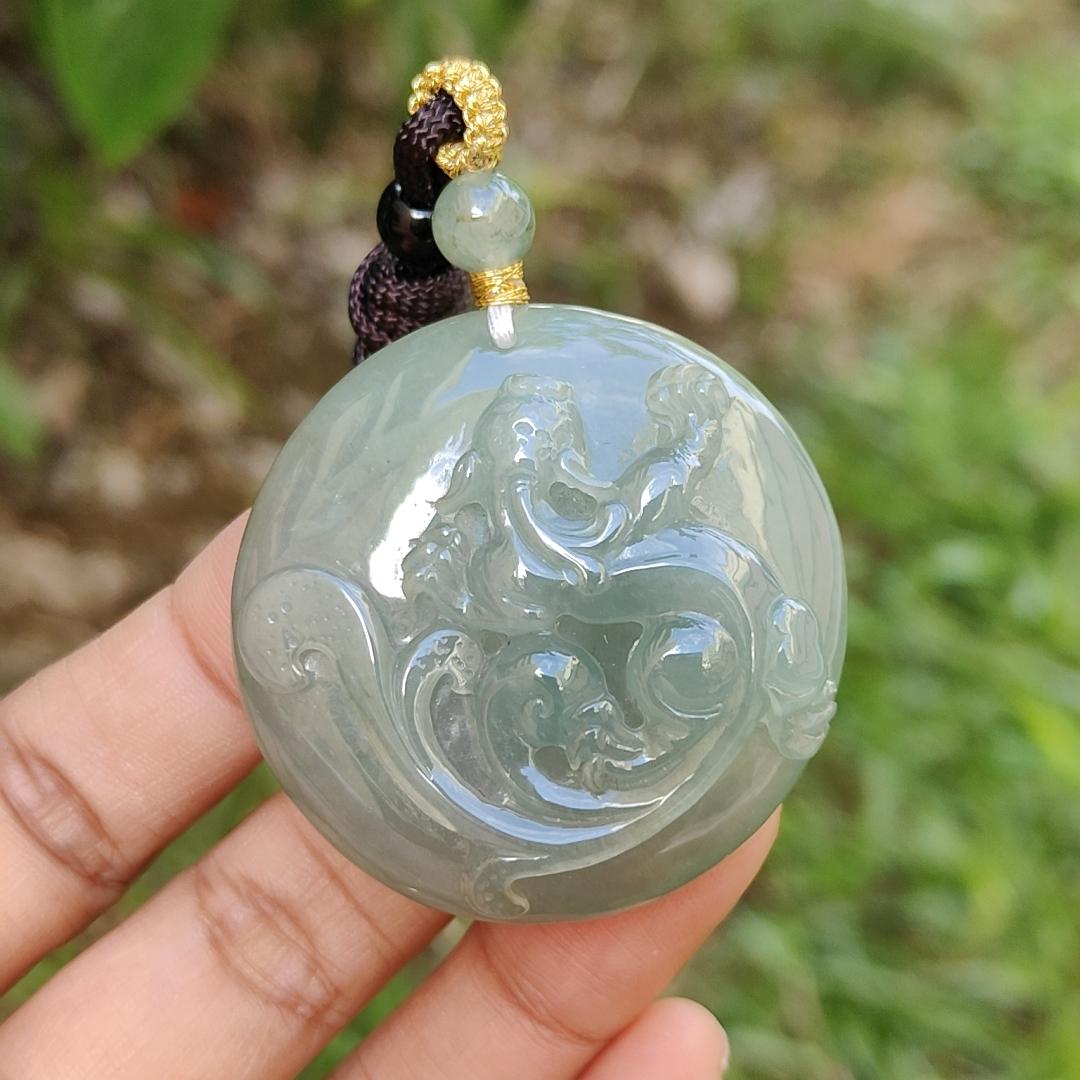 Premium Quality Light Green Natural Type A Jadeite Jade Pendant Necklace crafted with Old School Style Dragon, certificate included weigh 29.48 grams, measurement 42 * 42 * 11 (pendant174)