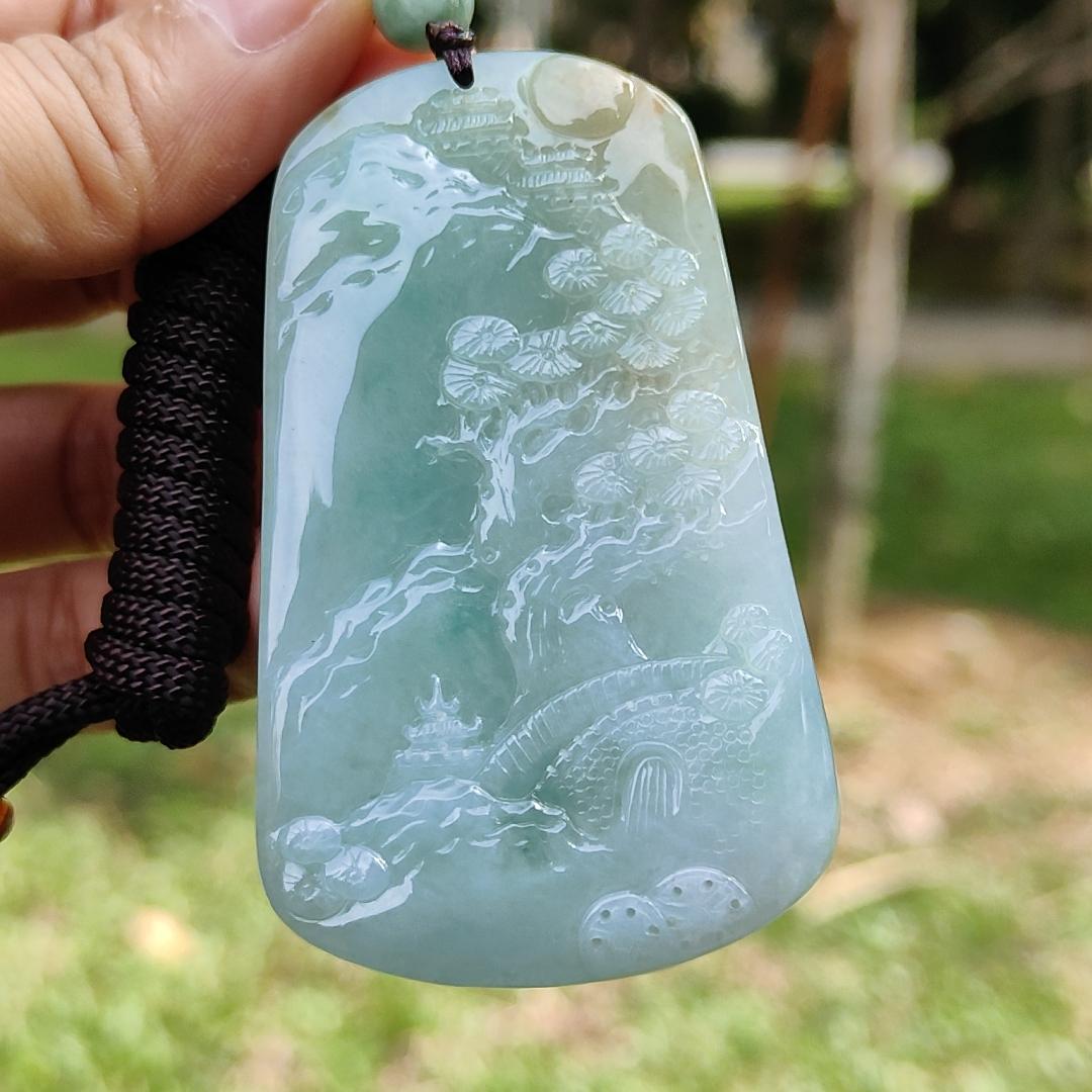 High Quality Light Green with Yellow Natural Type A Jadeite Jade crafted with sceneries as Pendant, certificate weighs 78.02 grams, measurement 66.1 * 40.5 * 13.3 mm (pendant280)