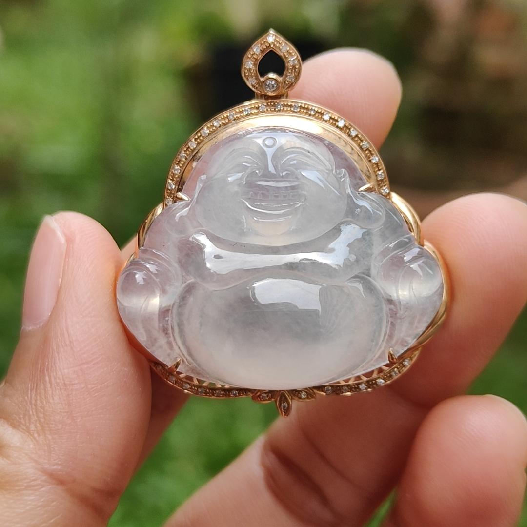 Icy Translucent Natural Type A Jadeite Jade crafted as Milo Buddha set on 18k gold with diamonds as Pendant Necklace, certificate included weigh 9.62 grams, 37.6 * 33.8 * 10.8 mm (18kp13)