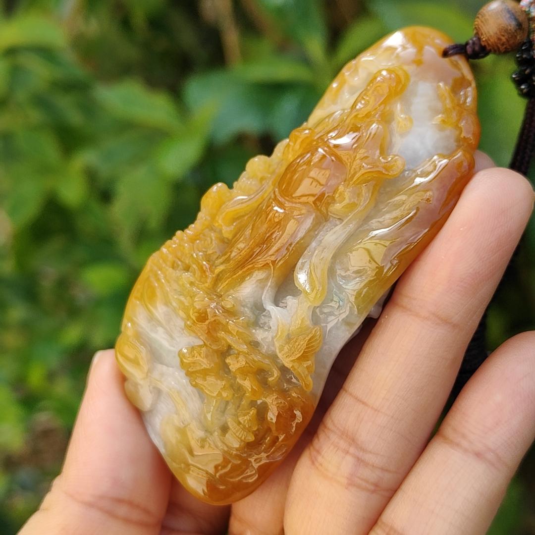 Premium Quality Yellow Natural Type A Jadeite pendant with fortune god, mountain and trees, symbolize the blessing of good fortune, eternal strength, and continuous growth, certificate weigh 77.61 g, 76.10 * 39 * 19.30 mm, symbol of prosperity (pendant81)