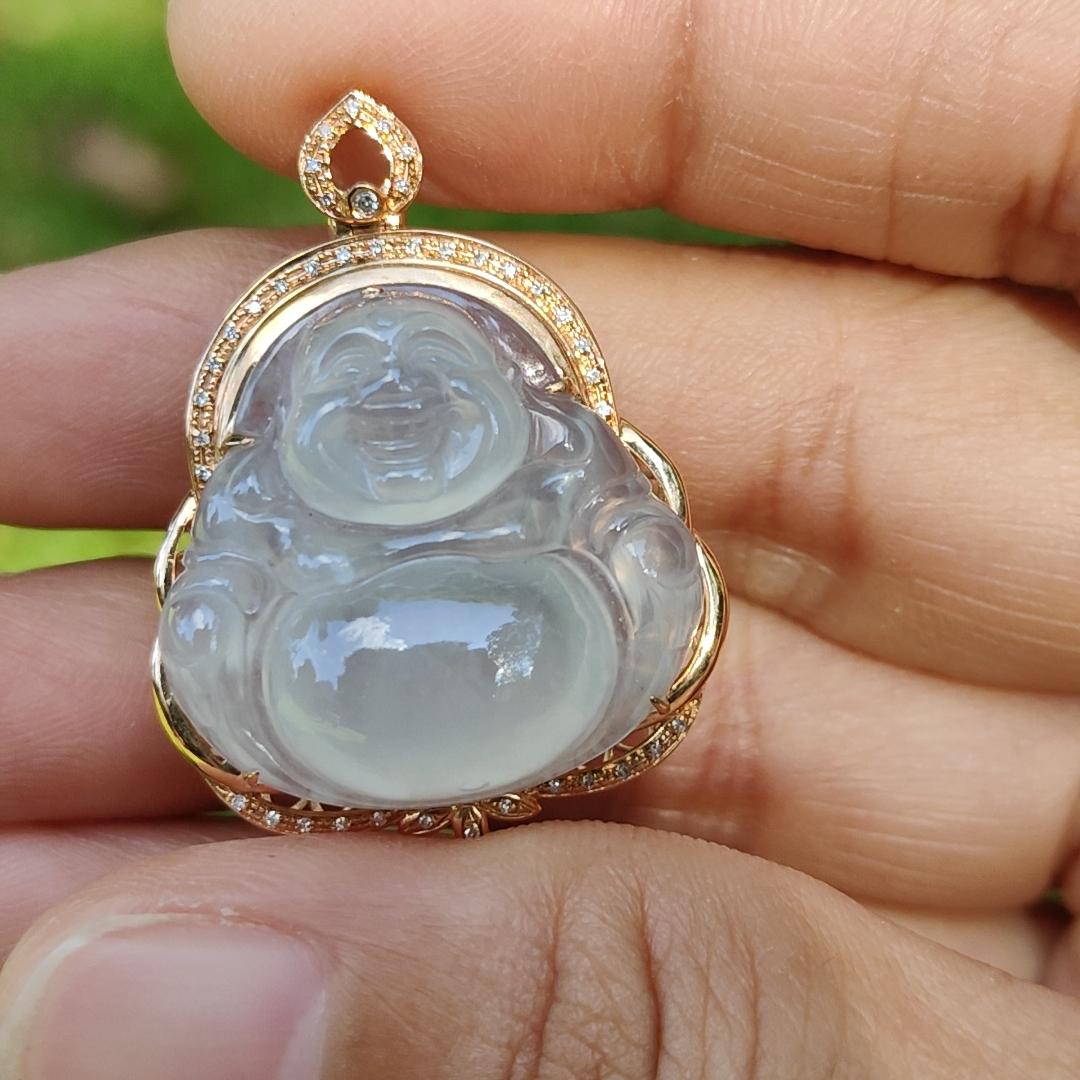 Premium Quality Icy Translucent Natural Type A Jadeite Jade crafted with Milo Buddha Set on 18k Gold as Pendant, certificate weighs 6.48 grams, measurement 34.1 * 26 * 11.6 mm (18kp61)