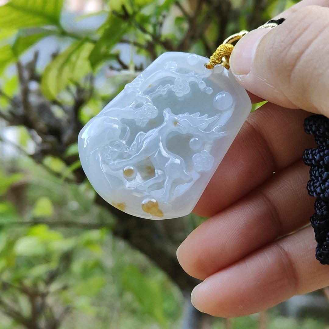 Natural Type A Jadeite carved with deer , Icy Highly Translucent with russet patches , NGI Certification with weight at 72.1 grams , [41.51 * 33.32 * 6.08 mm] - Premium Myanmar Jadeite Pendant (pendant144)