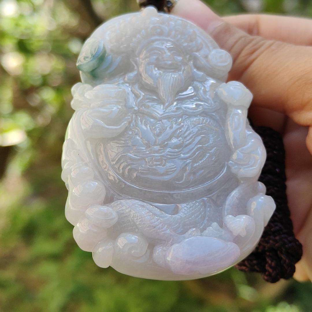 Premium Quality Lavender and Green Natural Type A Jadeite Pendant Necklace crafted with Big Fortune God Holding Ruyi with certificate weigh 77.38 grams, 70 * 47 * 11.8 mm (pendant35)