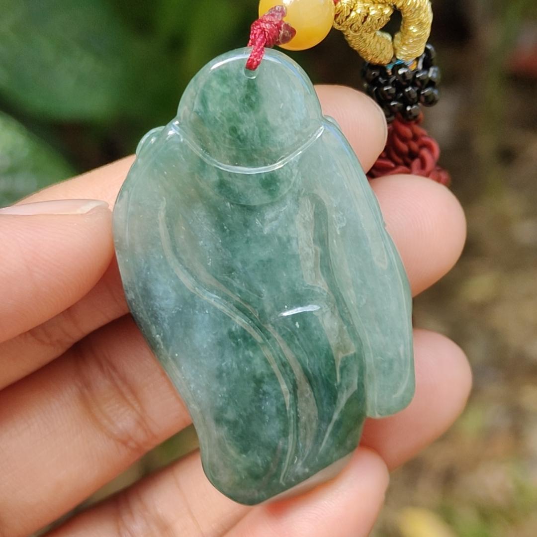 Green Natural Type A Jadeite Jade crafted with Milo Buddha as Pendant, certificate weigh 24.11 grams, measurement 51.2 * 31 * 10.5 mm (pendant239)