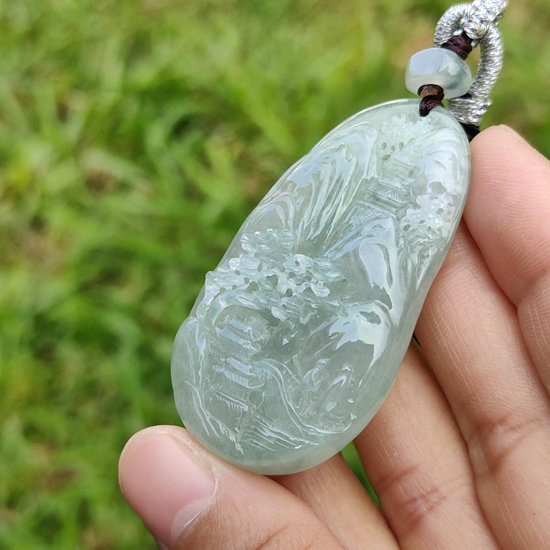 Premium Full Light Green with Good Translucency Natural Type A Jadeite Pendant Necklace crafted with Moutain, Trees, Houses, Bride and Running Water with certificate weigh 28.09 grams, 54 * 29.8 * 9.8 mm (pendant36)