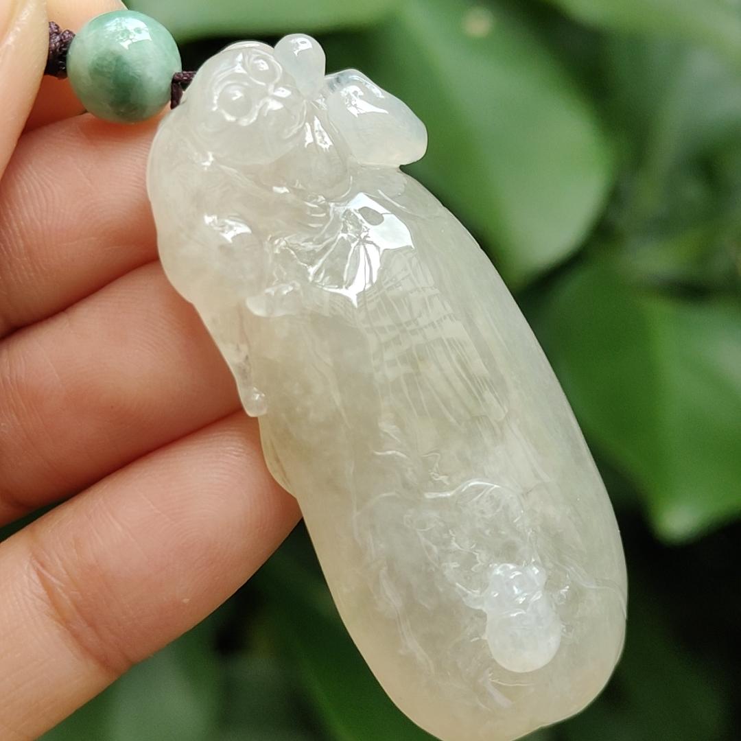 High Quality Brownish Yellow Icy Translucent Natural Type A Jadeite Jade crafted with Monkey as Pendant, certificate weighs 31.67 grams, measurement 53 * 23.6 * 13 mm (pendant295)