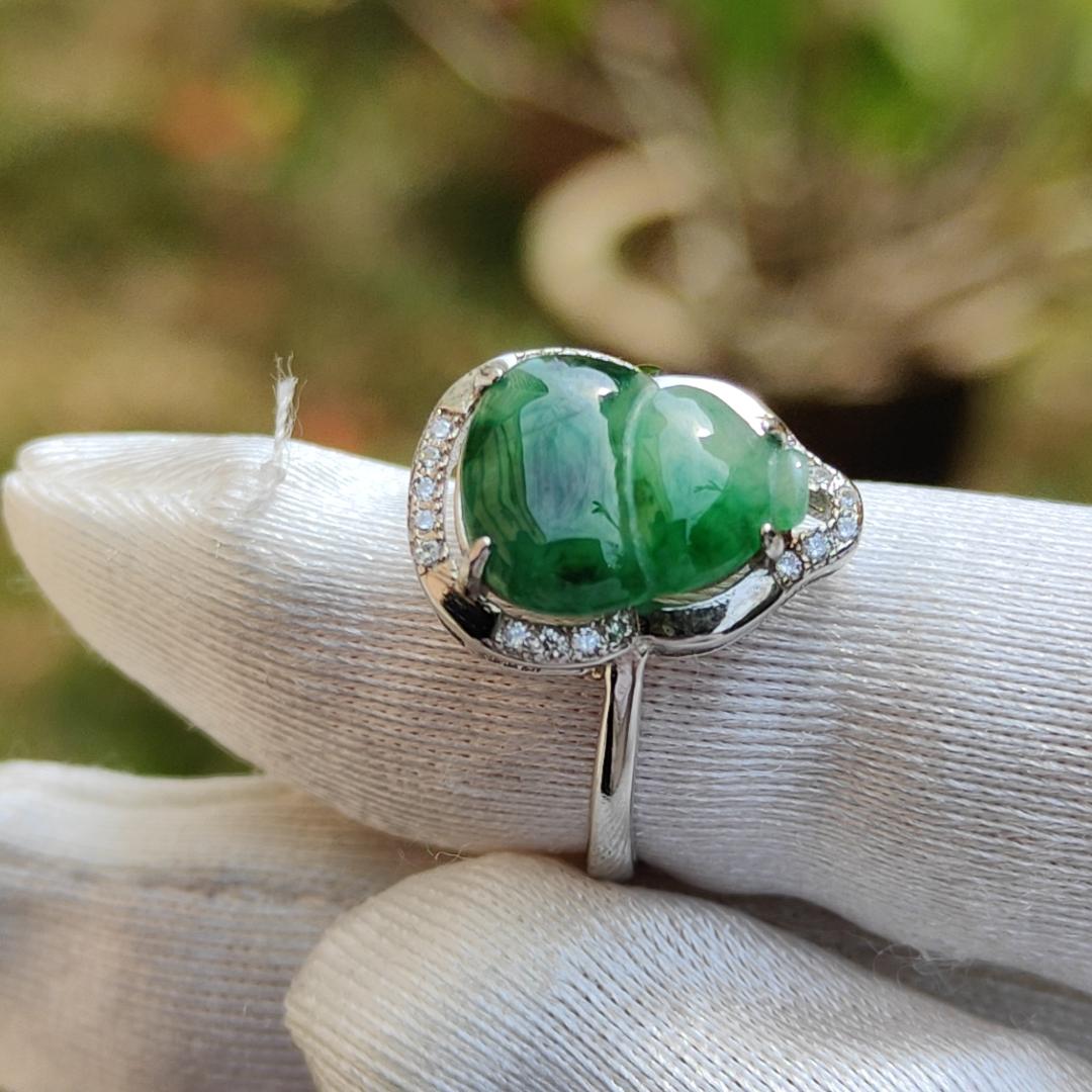 Special Sales - Quality Semi Icy Spicy Green Natural Type A Jadeite Jade crafted as Gourd set on S925 Silver with Zircon, Finger size adjustable, certificate weigh 2.59 grams, 12 * 9.9 * 2.5 mm (s925ring6)