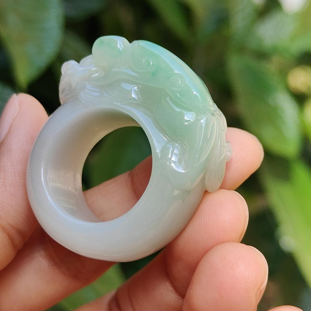 Rare Quality Light Green with White Natural Type A Jadeite Jade crafted with Pixiu and Ruyi as Ring, certificate weigh 31.97 grams, measurement 36.2 * 16 * 13, Finger size 19.5 mm (ring5)