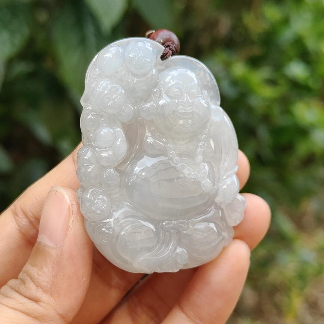 Semi Icy Translucent Natural Type A Jadeite Pendant Necklace Crafted with Milo Buddha with symbols of Be tolerant, smile often, be tolerant and happy, certificate included weigh 45 grams, 54 * 40.5 * 12.3 mm, suitable for daily wear,collection (pendant46)