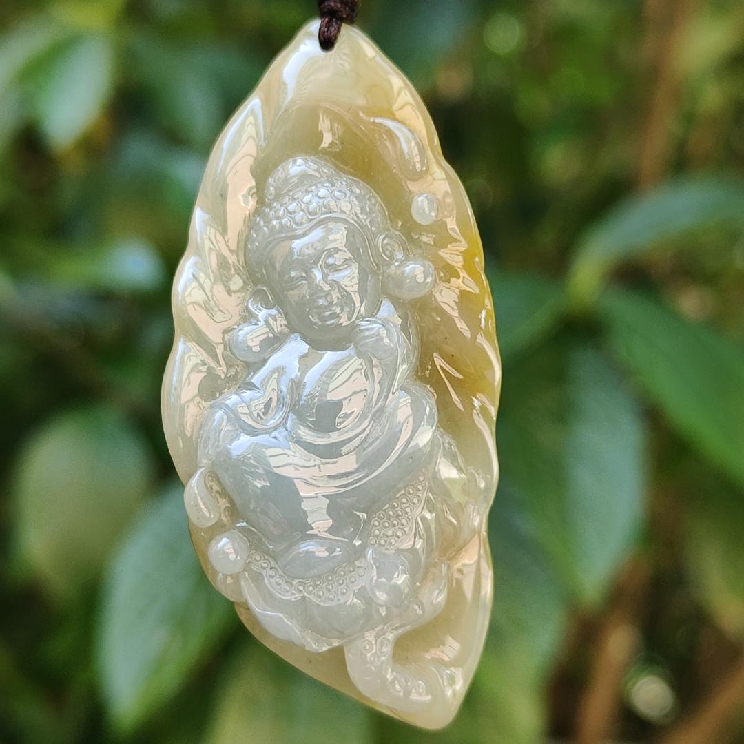 Very Rare Light Lavender and Lemon Yellow with Brown Natural Type A Jadeite pendant carved with baby buddha, certificate included weighs 20.13 grams, 57.90 * 26.80 * 11.20 mm, suitable for daily wear (pendant86)