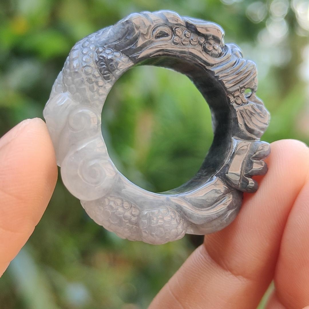 Black and White Natural Type A Jadeite Jade crafted with Dragon as 21mm Ring, certificate weigh 16.8 grams, measurement 10.5 * 8.3 mm (ring7)