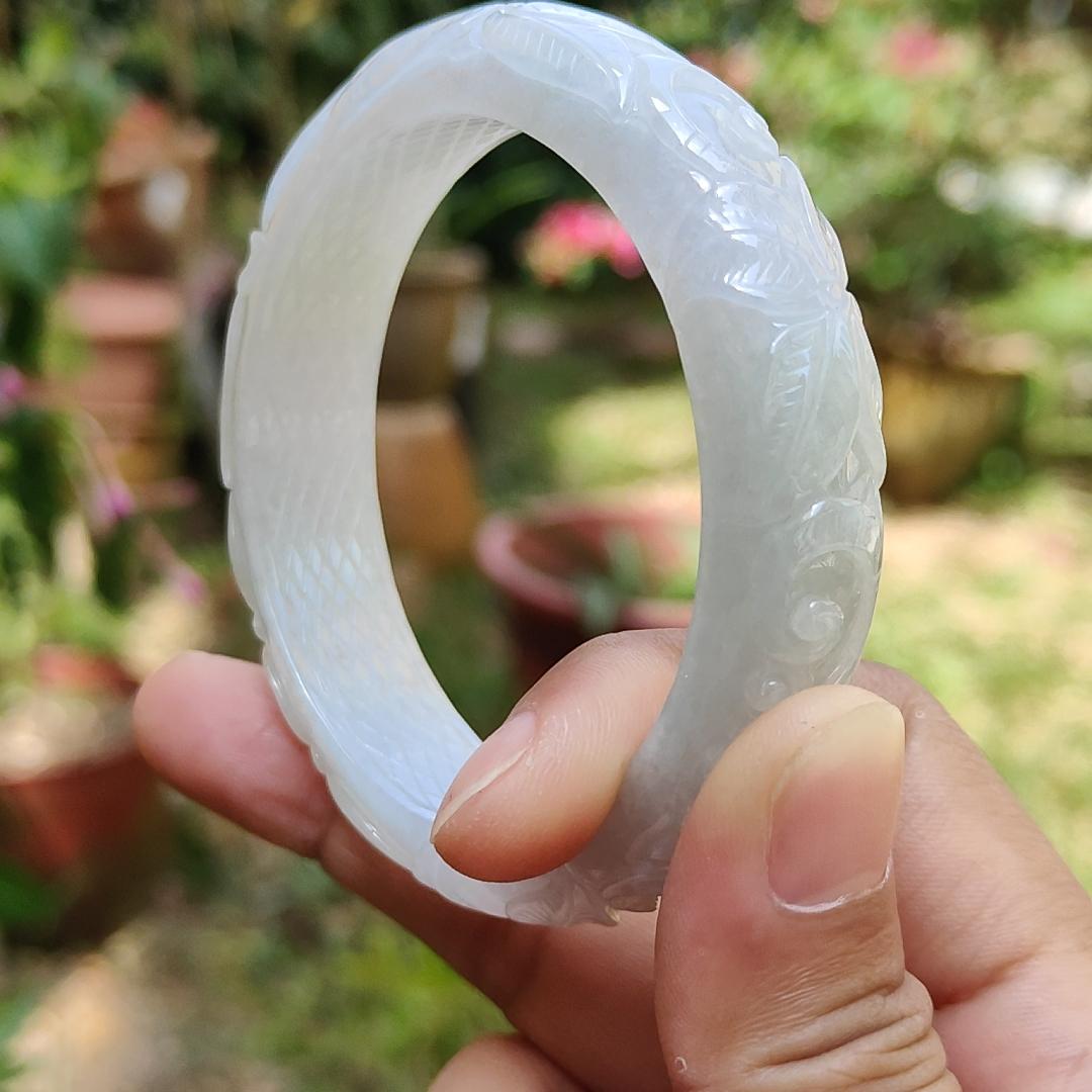 Light Lavender Natural Type A Jadeite Jade crafted with Pattern of Flowers with shape of Peace Bangle Bracelet , certificate weigh 60.82 grams, measurement 14 * 8.6 mm, Bangle Wrist Size: 56.5 mm (bangle6)