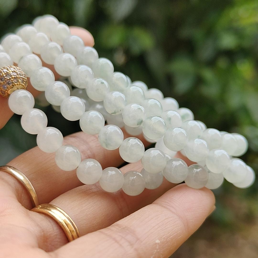 Premium Icy Translucent with Light Green patches Natural Type A Jadeite Jade crafted with 108 * 6.5 mm beads as Bracelet or Necklace, certificate weighs 52.19 grams (bracelet25)