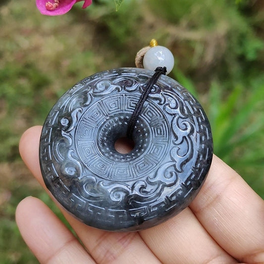 Hugh archaize style Black Natural Type A Jadeite Pendant crafted as Donut, symbols of Attract wealth , certificate included weigh 62.62 grams, 51 * 51 * 12.6 mm, suitable for daily wear (pendant63)