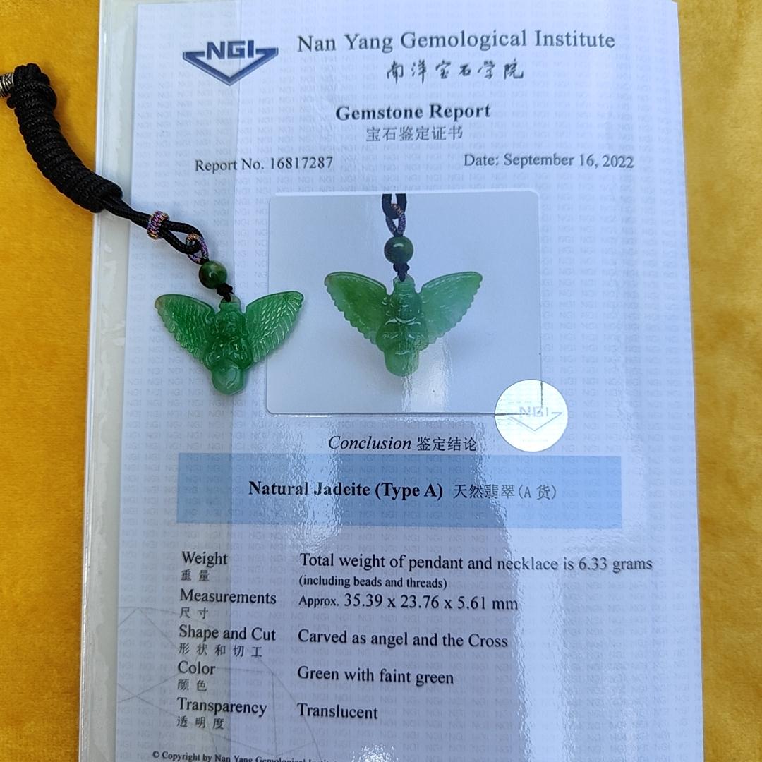 Green Jadeite carved as Angel (Front) and Cross (back) Natural Type A Jadeite pendant with NGI Gemstone report weight 6.33 gram , 35.39 * 23.76 * 5.61 mm with Translucent fine grain crystal aggregate granular and fibrous interlocking texture (pendant139)