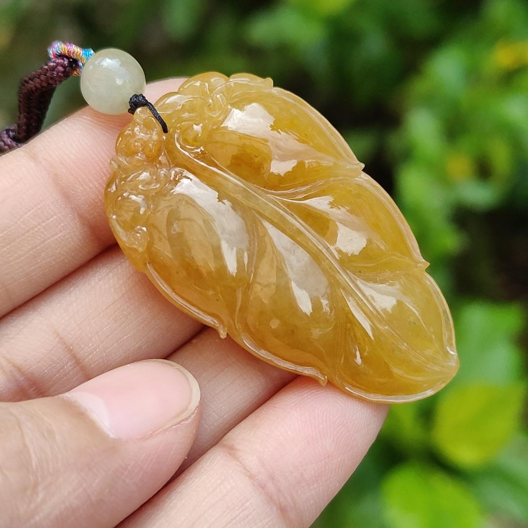 Very fine and old full Yellow Natural Type A Jadeite Pendant carved as a leave and a Mythical Beast on it with certificate weight 16.02 grams, 44 * 26 * 10 mm meaning Good luck and auspiciousness (pendant107)