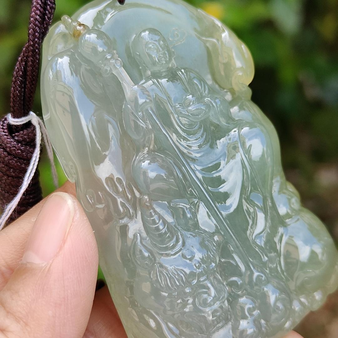 King of the inferno Special Premium Natural Type A Jadeite with Light Green and Yellow come with certificate weight 76.35 grams, 69.50 * 44.30 * 12 mm, very fine translucent rare jadeite pendant for collection (pendant98)