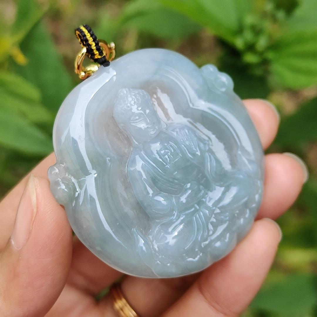 Semi Icy Bluish Green Hue Natural Type A Jadeite Pendant Crafted as Buddha with certificate included weigh 26.65 grams, 48.3 * 48.9 * 7 mm, suitable for daily wear