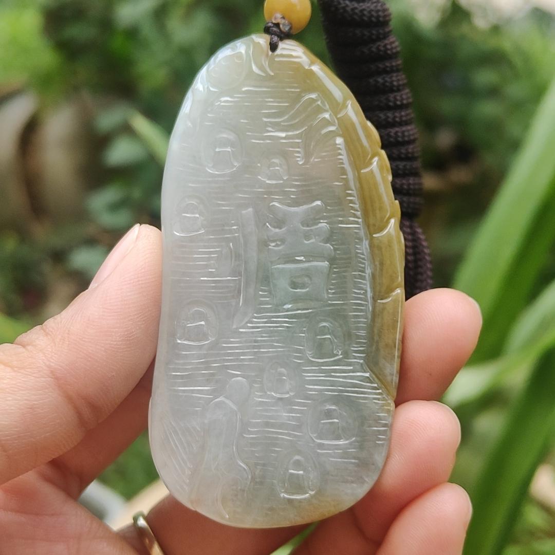 High Quality Yellow with Light Green Natural Type A Jadeite Jade crafted with Buddha and Monk as Pendant, certificate weigh 54.87 grams, measurement 71.6 * 35.6 * 9.5 mm (pendant262)