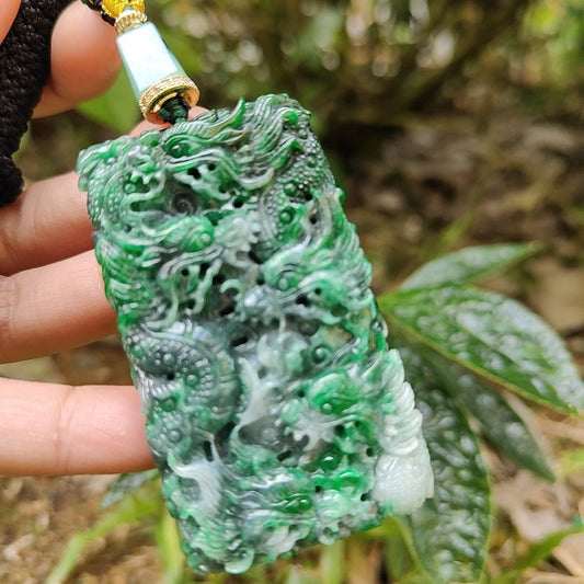 Lots of Green with Wuji carved as nine dragons Natural Type A Jadeite pendant with certificate weight 45.16 grams, 60.30 * 35.30 * 9.90 mm suitable for daily wear (pendant120)