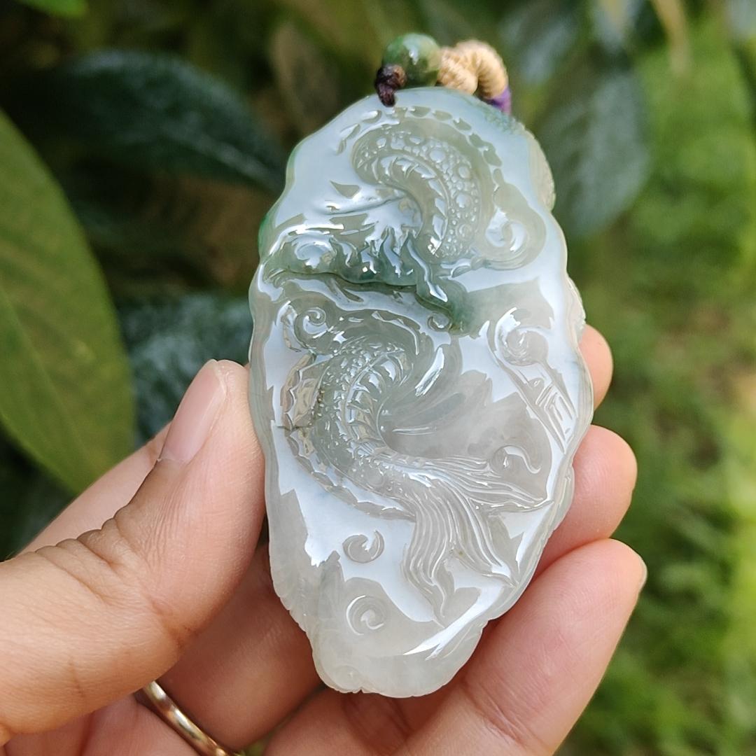 High Quality Premium Collectible Natural Type A Jadeite Jade Pendant Necklace crafted as Dragon with certificate included weigh 59.65 grams, measurement 69.3 * 36.5 * 18.3 mm (pendant186)