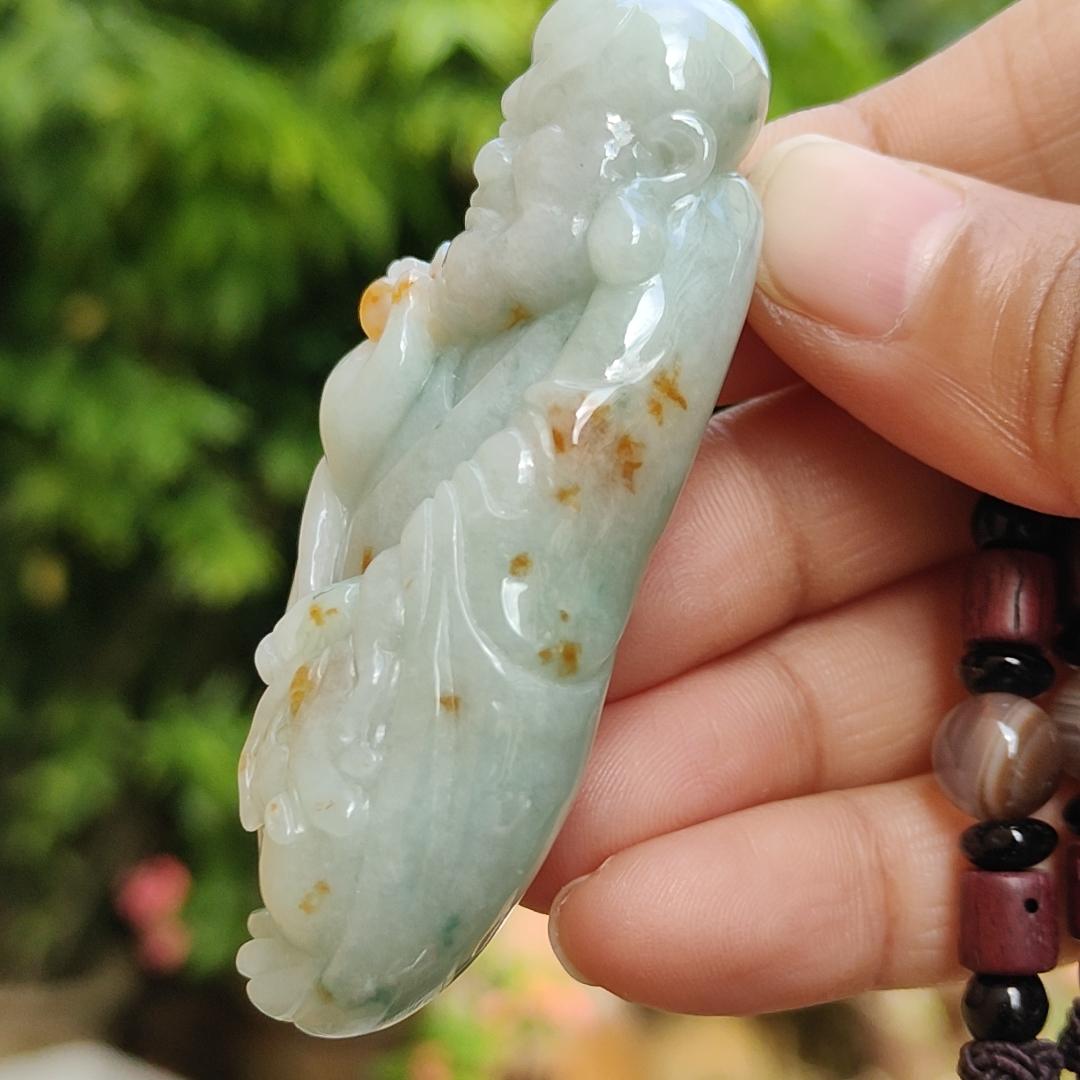 Light Green with Golden Yellow Patches Super Rare Natural Type A Jadeite Jade crafted with Arhat as Pendant, certificate weighs 57.71 grams, measurement 69.7 * 39.3 * 14.5 mm (pendant263)