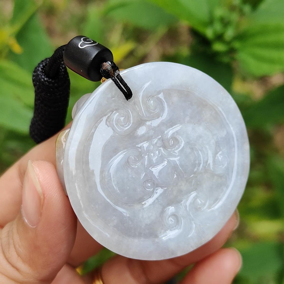 Yellow and Purple with some spreads of red patches Natural Type A Jadeite Pendant Necklace crafted with double pixiu, coin and bat boosting your luck, money and blessing, certificate included weigh 41.87 grams, 45 * 44.9 * 13 mm