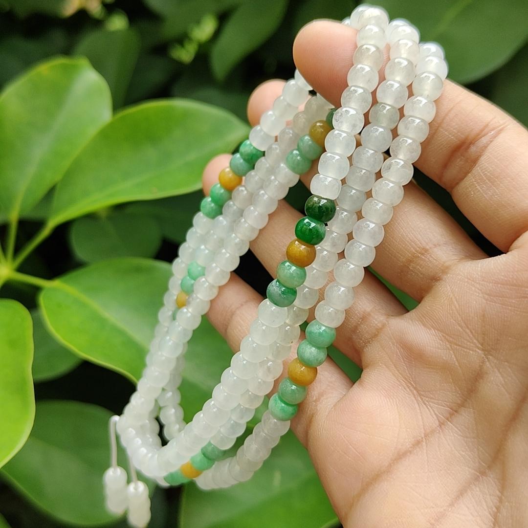 High Quality 90% Perfect 184 drum shape Icy * 154, Green * 24, Yellow * 6 Natural Type A Jadeite Jade Beads as Bracelet Necklace certificate weighs 49.19 grams, measurement 5.7 mm (bracelet29)