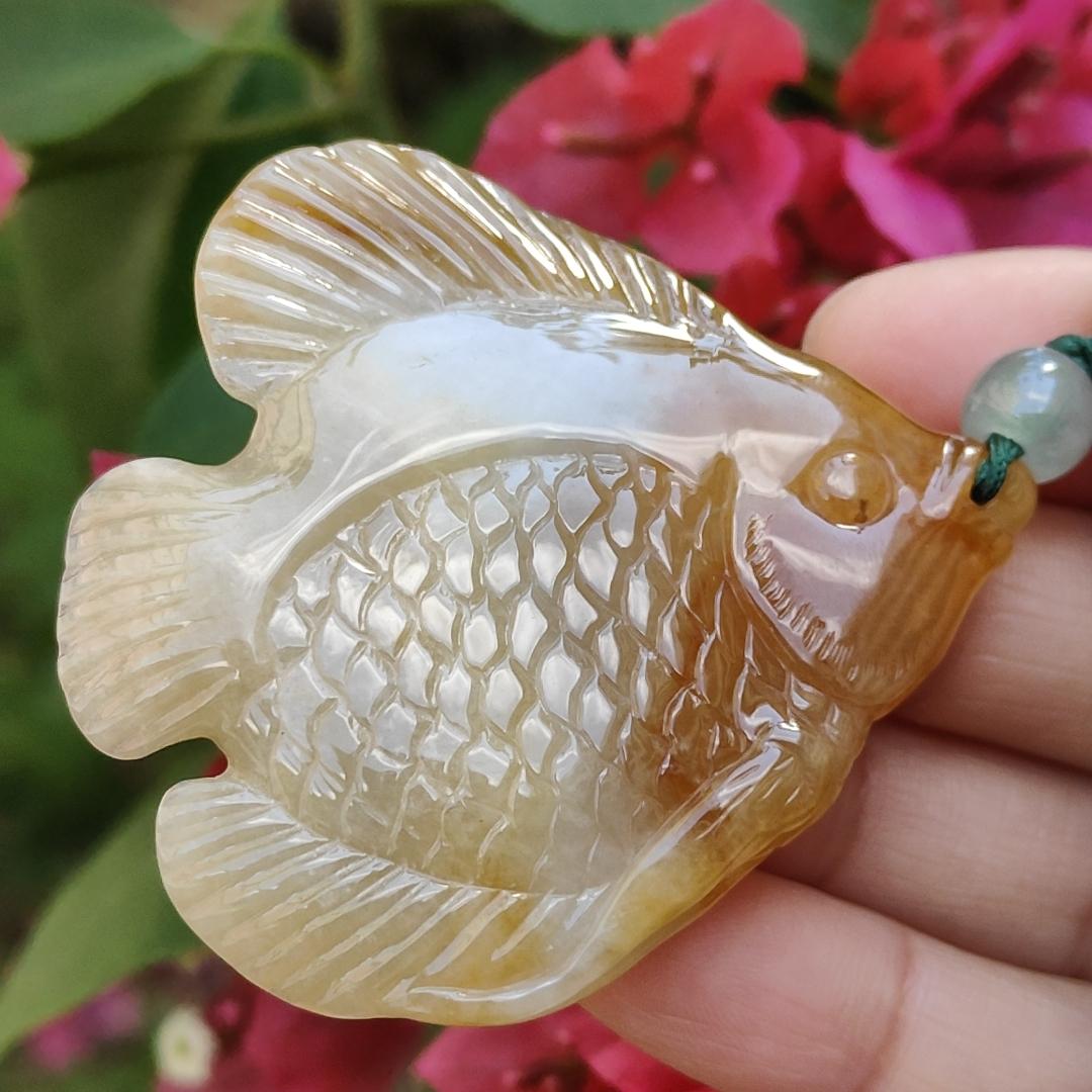 Yellow Natural Type A Jadeite Pendant carved as Fish with certificate weigh 28.33 grams, 55 * 50.2 * 7 mm, meaning Many sons and many blessings, full of children and grandchildren and Life is harmonious and smooth,free from worries and sorrows (pendant77)