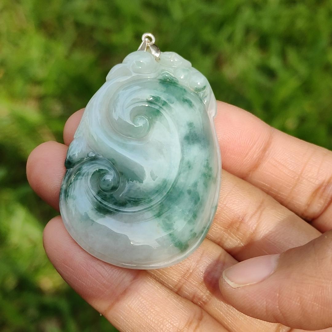 Special Offer, Green with Light Green Floating Flower (Piaohua) Natural Type A Jadeite Pendant Necklace crafted with Bat on Ruyi with certificate weigh 17.71 grams, 51.6 * 34.5 * 6 mm sysmbols of Happiness, auspiciousness (pendant103)