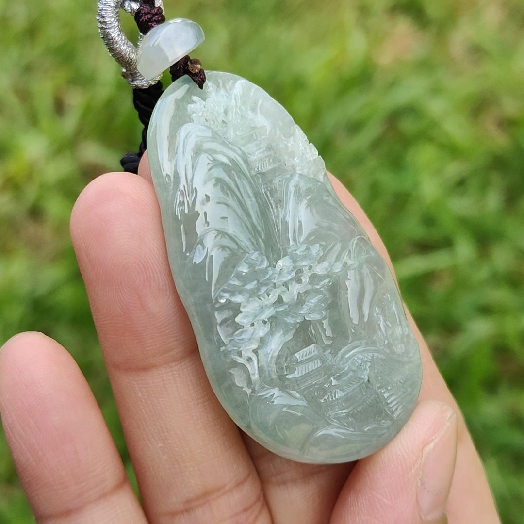 Premium Full Light Green with Good Translucency Natural Type A Jadeite Pendant Necklace crafted with Moutain, Trees, Houses, Bride and Running Water with certificate weigh 28.09 grams, 54 * 29.8 * 9.8 mm (pendant36)