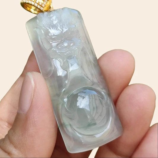 Premium Icy Translucent Light Green Natural Type A Jadeite Jade crafted with Dragon set on 18k Gold as Pendant, certificate weighs 12.99 grams, measurement 46.8 * 19.7 * 7.7 mm (18kp43)