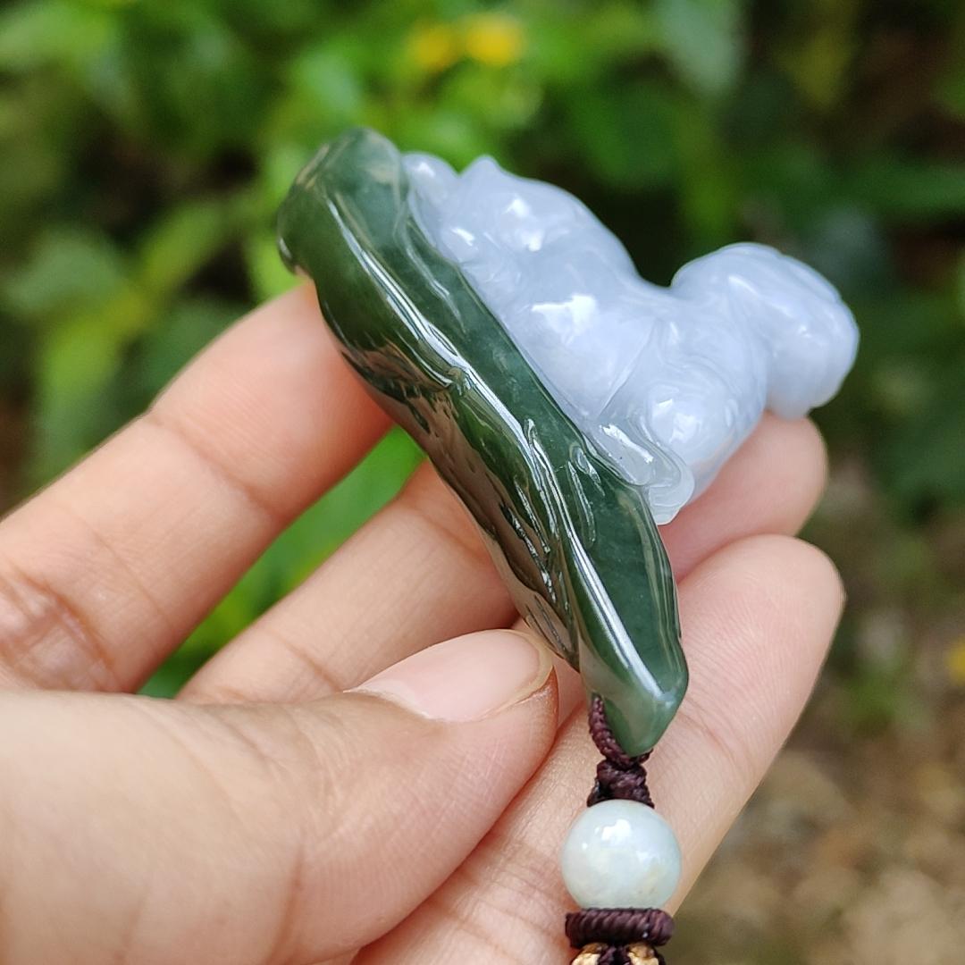 Lavender and Green Natural Type A Jadeite Handheld Piece crafted with Pixiu meaning rich, happiness and good luck with certificate weight 29.97 grams, 61.30 * 10.70 * 34.60 mm, also suitable for display anywhere at home, car or office (hand1)