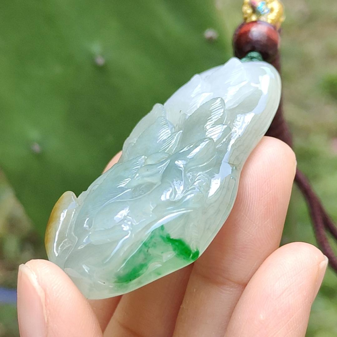 Green, Bluish Green, Brown Natural Type A Jadeite Pendant Necklace crafted as Nine Tails Fox symbols, Increase the relationship with the opposite sex and enhance personal charm plus good luck, certificate weigh 30 grams, 57 * 29.3 * 9.3 mm (pendant50)