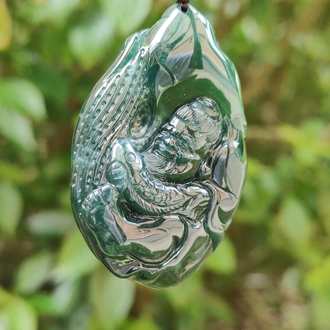 Carved as the fisherman benefits rare green Natural Type A Jadeite with certificate QIC approved labs pendant weight 53.87 grams, 54.6 * 38.2 * 12.7 mm