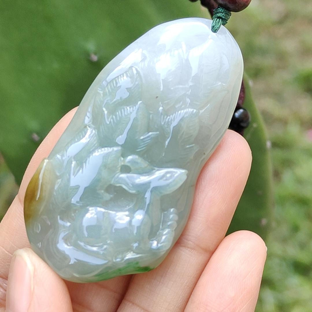 Green, Bluish Green, Brown Natural Type A Jadeite Pendant Necklace crafted as Nine Tails Fox symbols, Increase the relationship with the opposite sex and enhance personal charm plus good luck, certificate weigh 30 grams, 57 * 29.3 * 9.3 mm (pendant50)