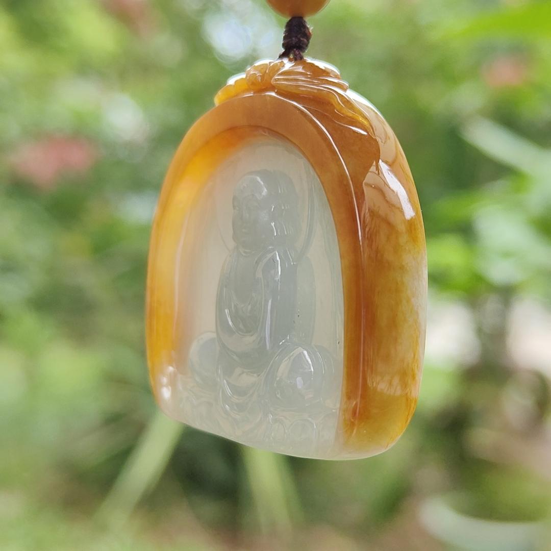 Rare old yellow Natural type A jadeite pendant with certificate carved as buddha seating on lotus weight 26.99 grams, 38.20 * 34.20 * 8.80 mm suitable for daily wear (pendant122)