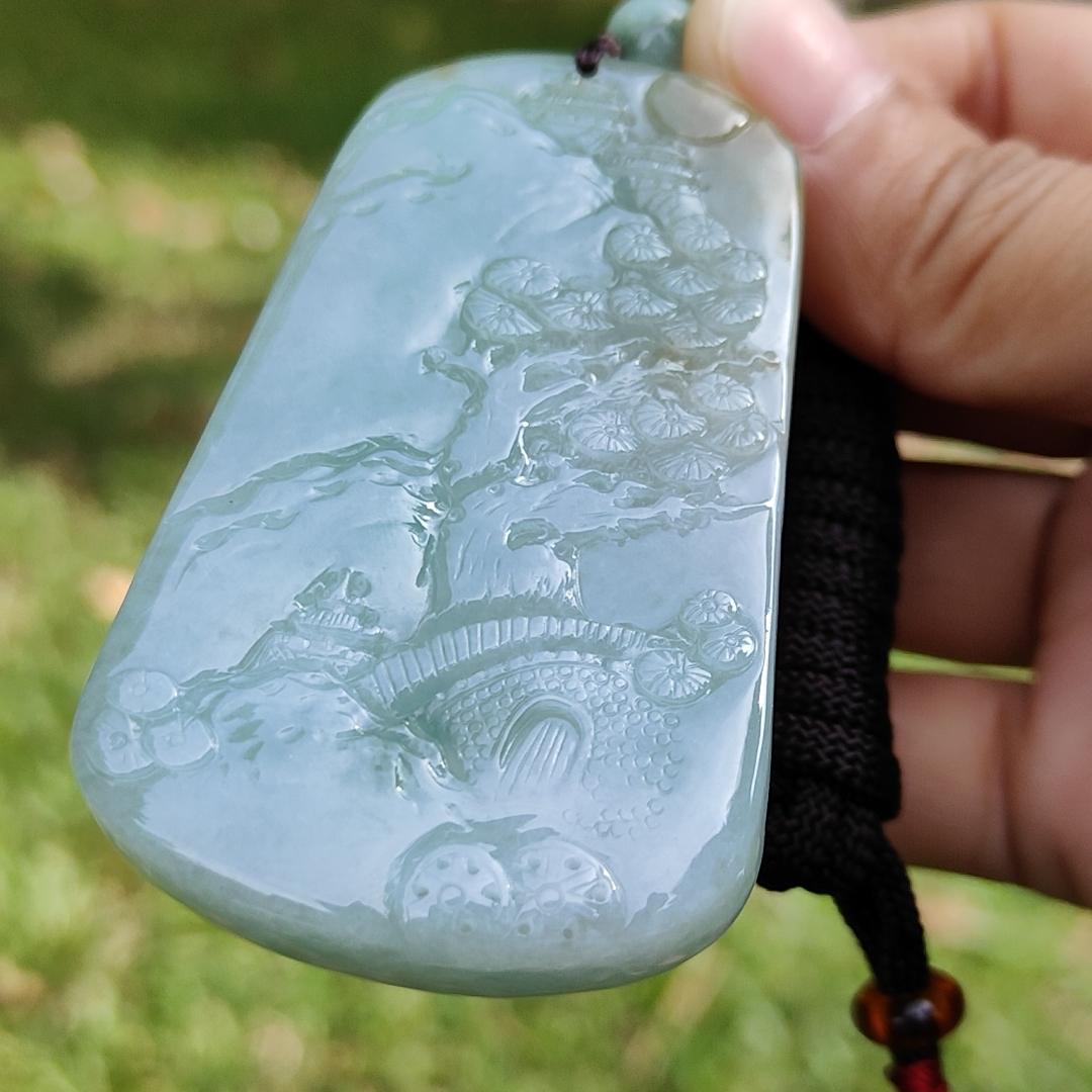 High Quality Light Green with Yellow Natural Type A Jadeite Jade crafted with sceneries as Pendant, certificate weighs 78.02 grams, measurement 66.1 * 40.5 * 13.3 mm (pendant280)