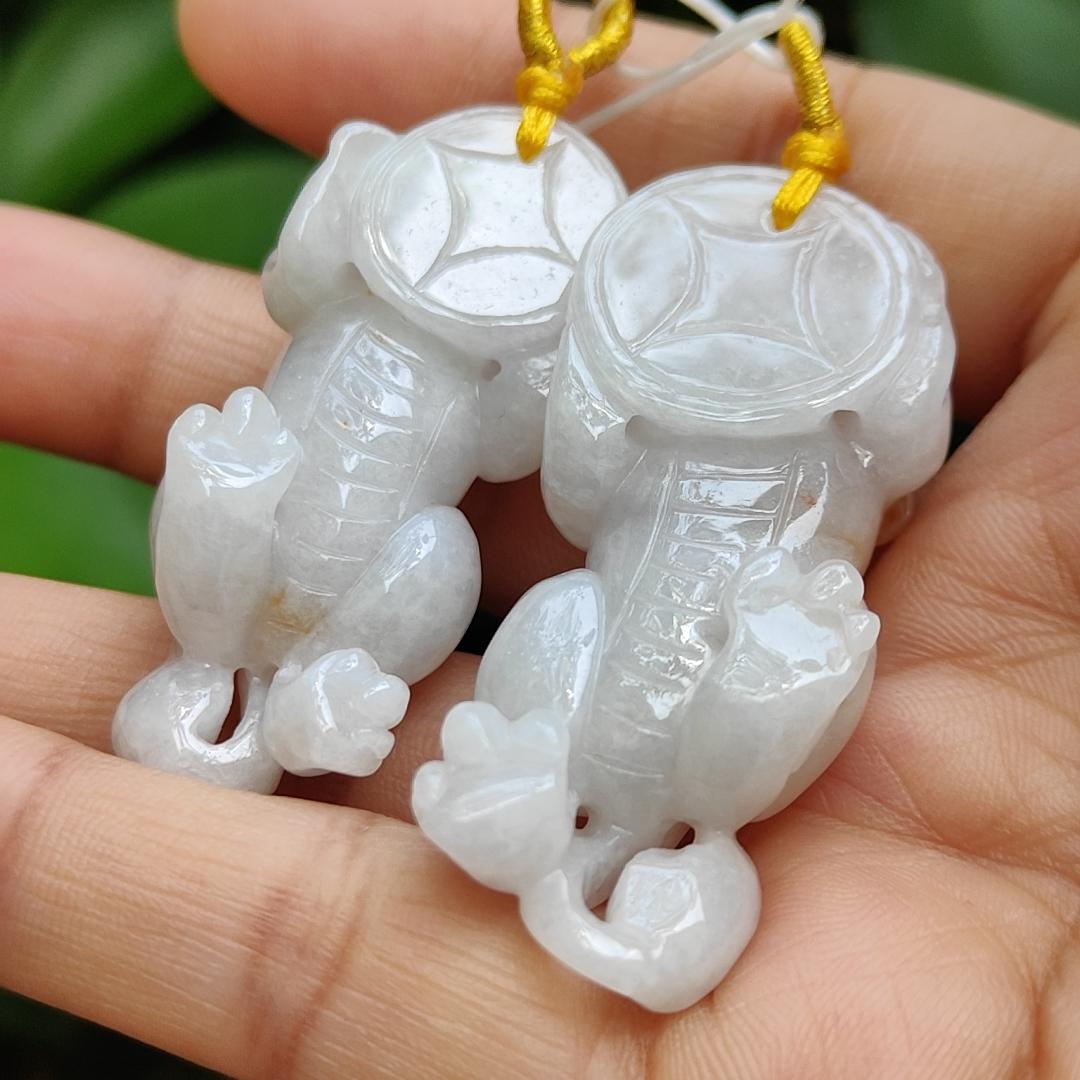 Sales - High Quality Pair of White, Yellow Natural Type A Jadeite Jade crafted as Pixiu for Pendant, certificate weighs 24.25 / 19.87 grams, measurements 50 * 21.3 * 14.1 / 47 * 20.6 * 13.6 mm (pendant292)