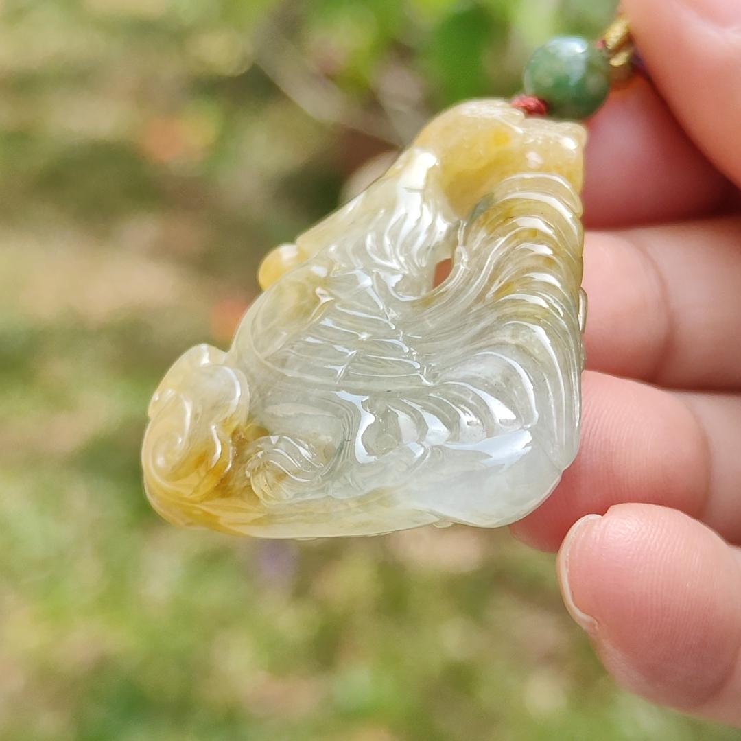 Premium Quality Yellow and Green Natural Type A Jadeite Jade crafted as Rooster with Ruyi as pendant necklace with certificate weigh 17.7 grams, measurement 41.6 * 34.8 * 7.5 mm (pendant208)