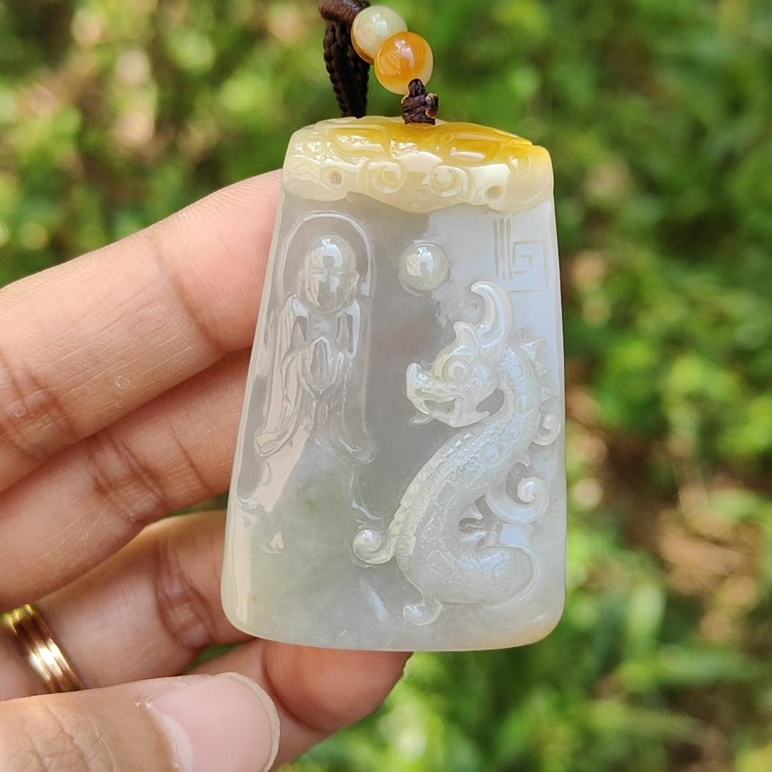 Rare Yellow and white Glutinous Natural Type A Jadeite Pendant Necklace crafted with faceless buddha and dragon olc school style with certificate weigh 37.61 grams, 51 * 33.2 * 10 mm (pendant101)