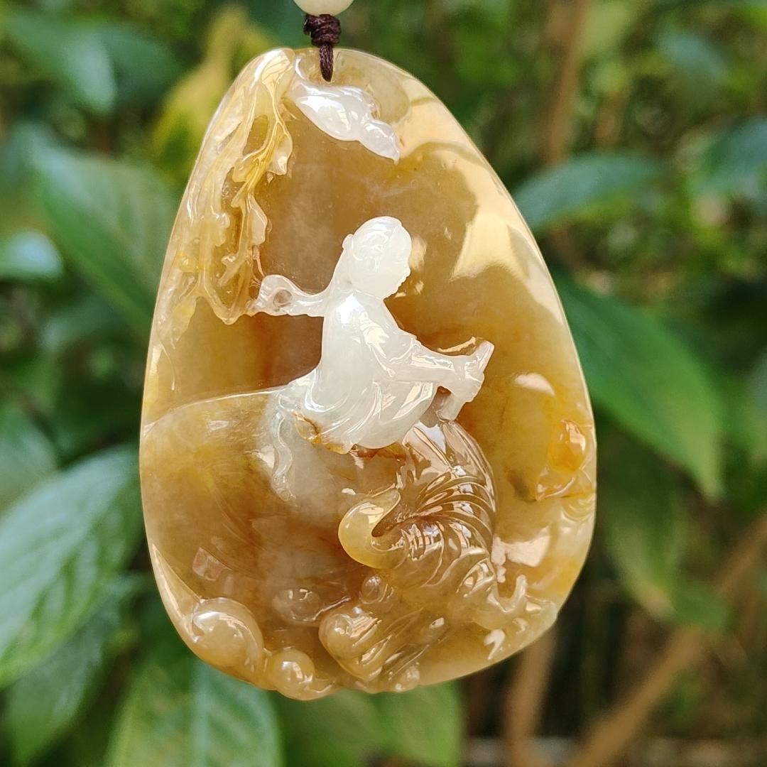 Rare Brown and White Natural Type A Jadeite Pendant carved with Laozi riding the cow with Yin and Yang, certificate included we ighs 68.76 grams, 69.10 * 48.70 * 17.20 mm, the collector's edition or daily wear (pendant94)