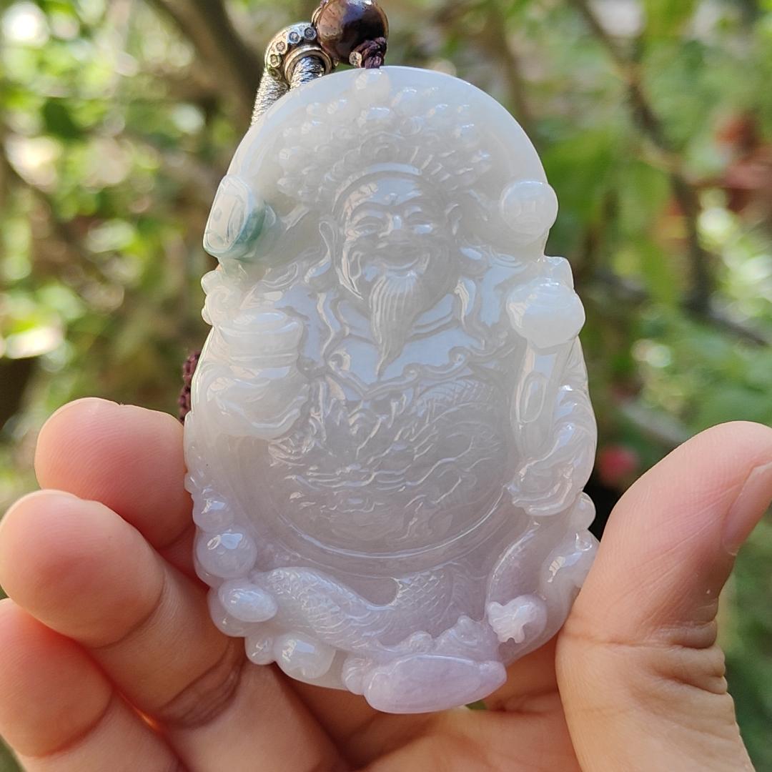 Premium Quality Lavender and Green Natural Type A Jadeite Pendant Necklace crafted with Big Fortune God Holding Ruyi with certificate weigh 77.38 grams, 70 * 47 * 11.8 mm (pendant35)