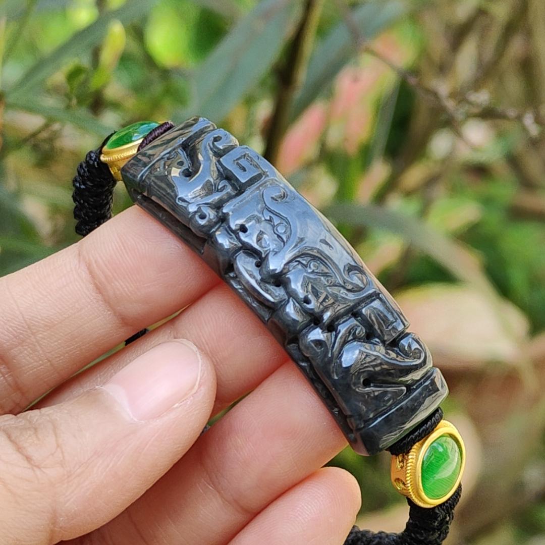 Wuji Black Natural Type A Jadeite Bracelet crafted with Tao Tie, symbols of Power and abundance and Money, with certificate weigh, mm  11.17 grams, 48.8 * 13.3 * 6.9 (bracelet7)