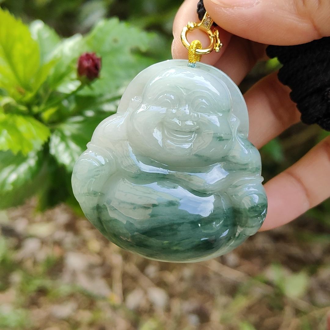 Rare, Hugh, Old Mine Translucent Floating bluish green patches Natural Type A Jadeite Pendant carved as Milo Buddha weight 232.82 grams, 52.83 * 51.18 * 12.18 mm, fine grain crystal aggregate suitable for daily wear with NGI Certificate (pendant143)